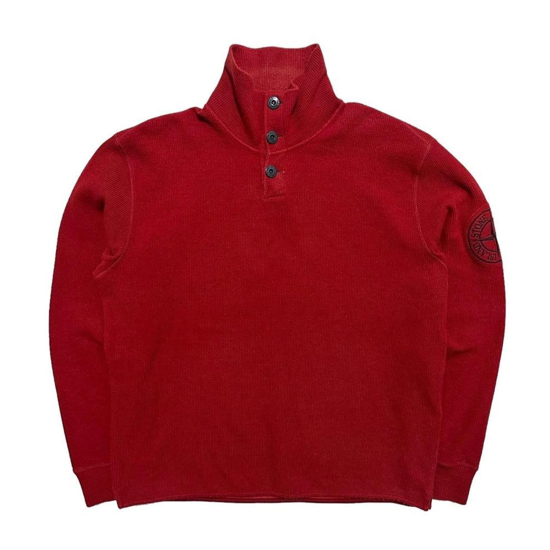 Stone Island Red Ribbed Cotton Quarter Button Up