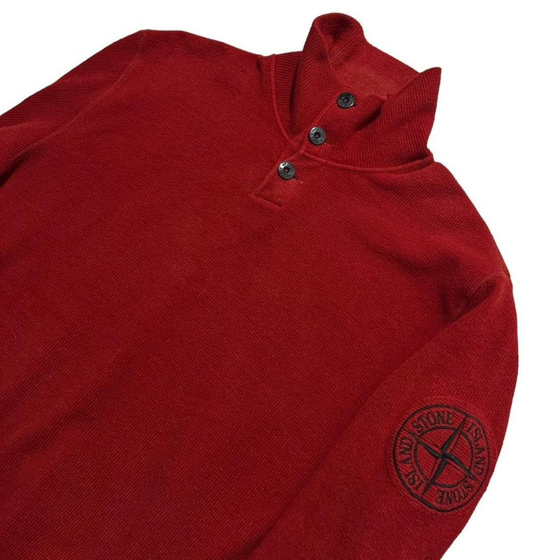 Stone Island Red Ribbed Cotton Quarter Button Up